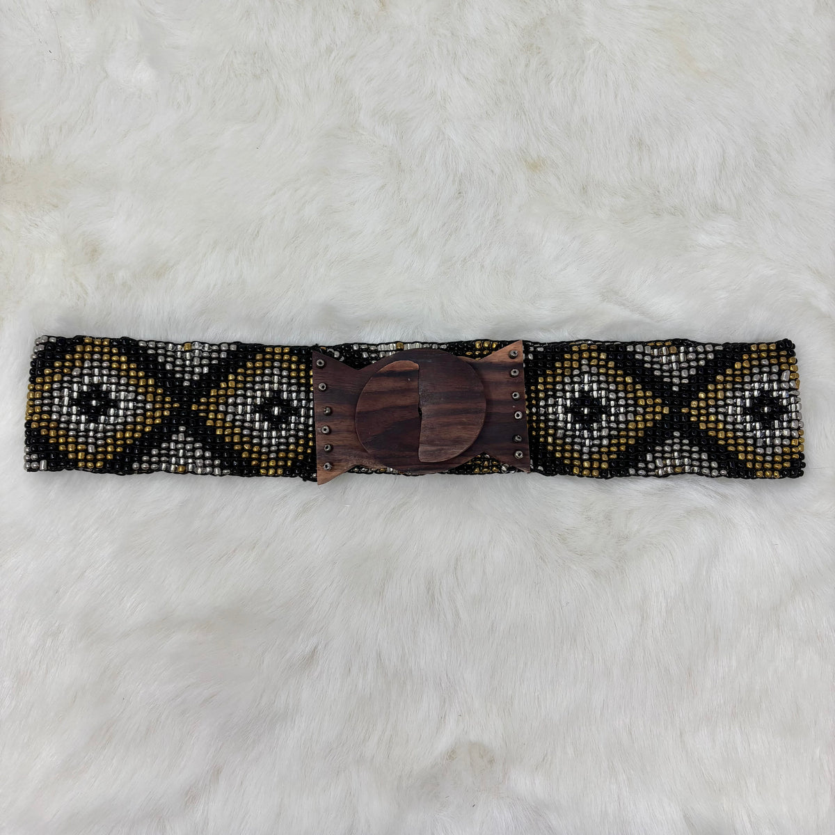 Wood Clasp Black Bead Diamond Stretch Belt