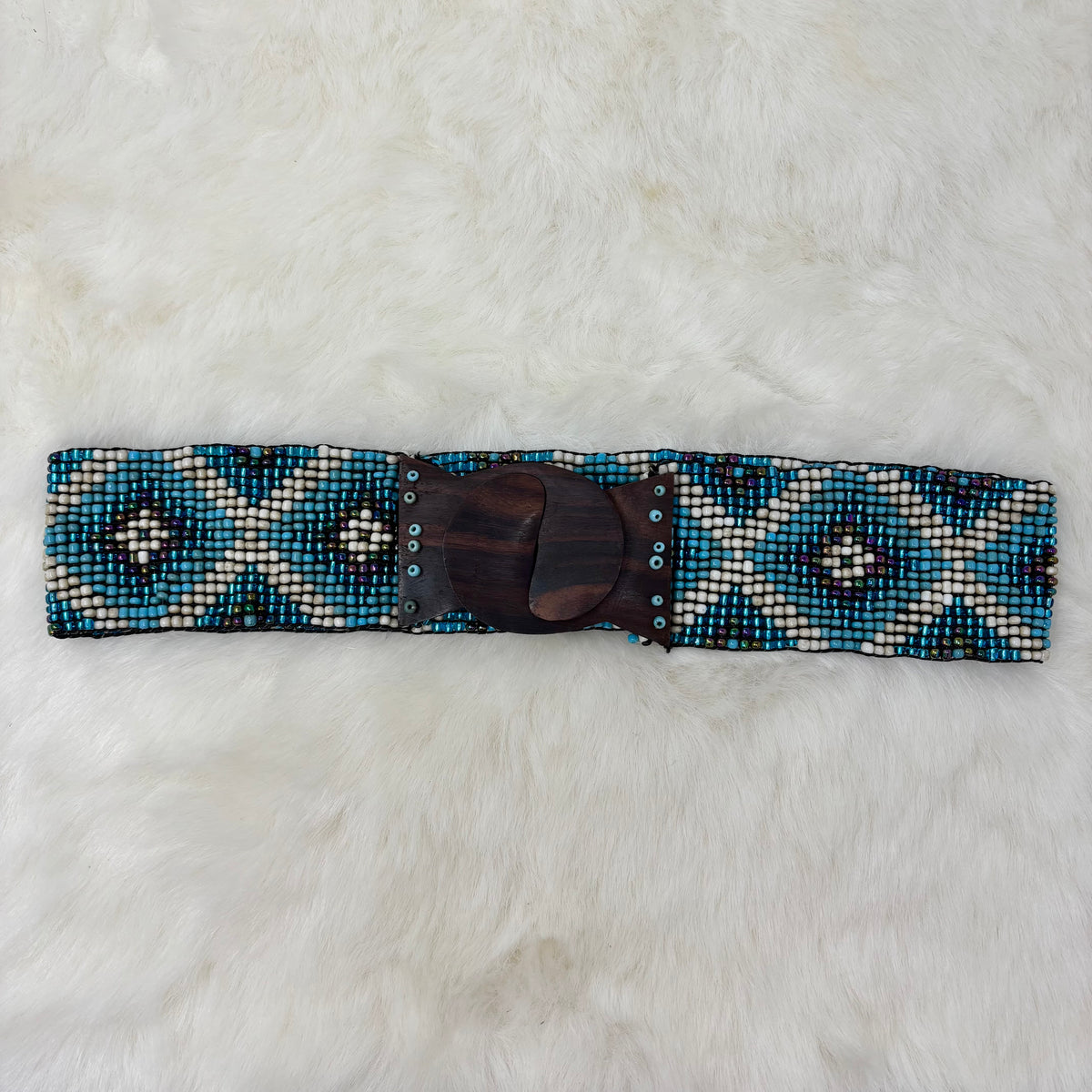 Wood Clasp Blue Bead Diamond Stretch Belt