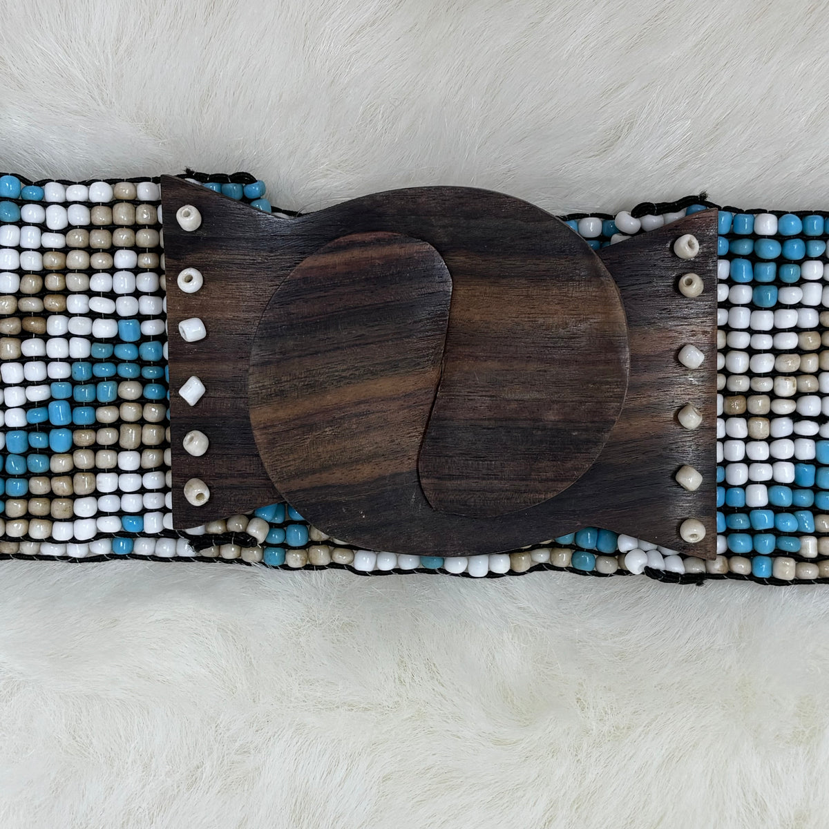 Wood Clasp Blue Bead Chevron Stretch Belt