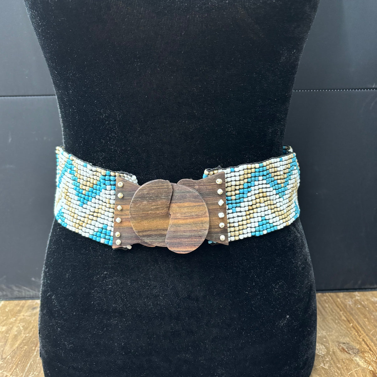 Wood Clasp Blue Bead Chevron Stretch Belt