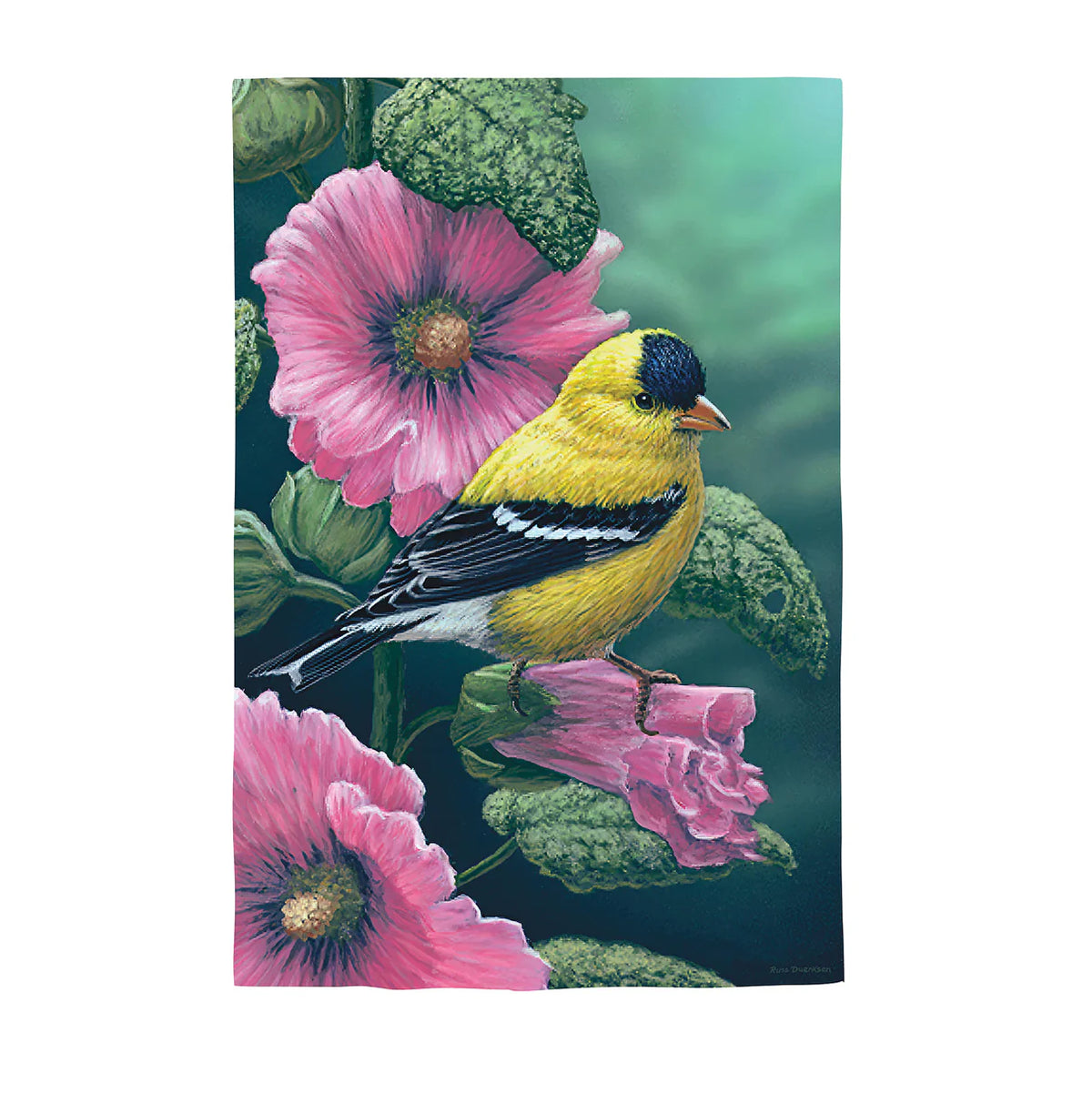 Goldfinch on Hollyhocks Suede Garden Flag