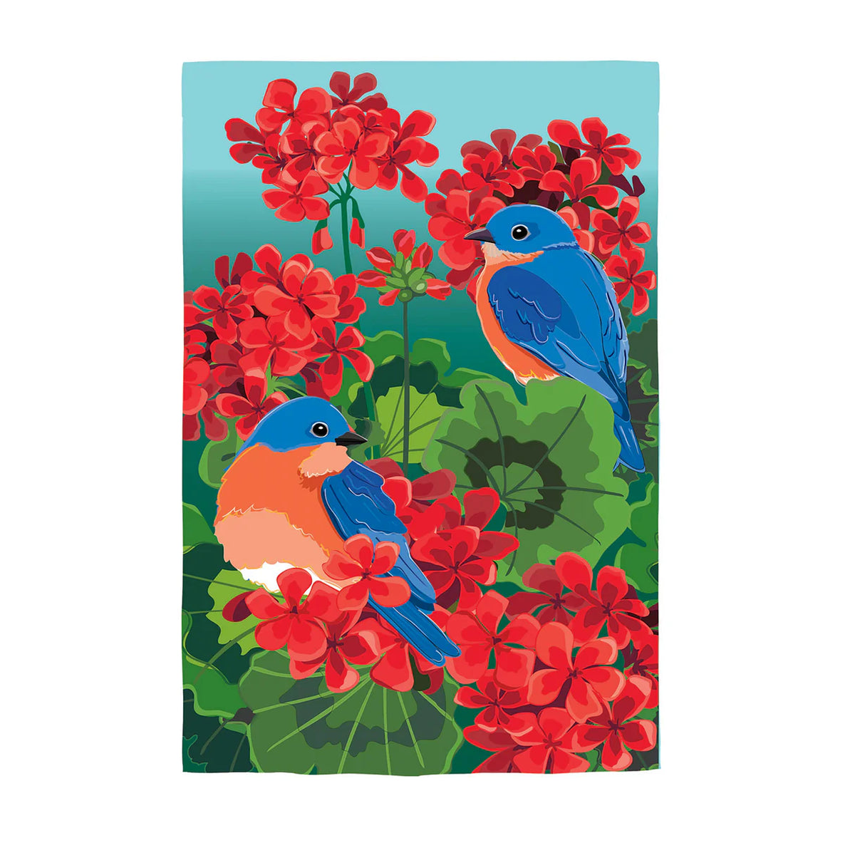 Bluebird on Red Geraniums Applique Garden Flag