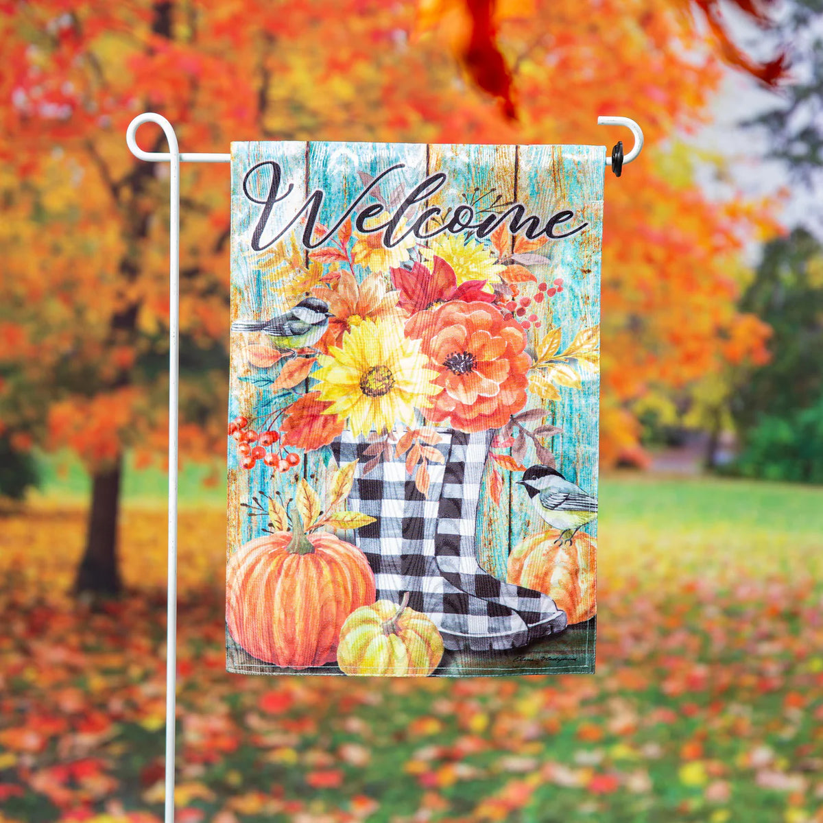 Fall Welcome Boots Moire Garden Flag