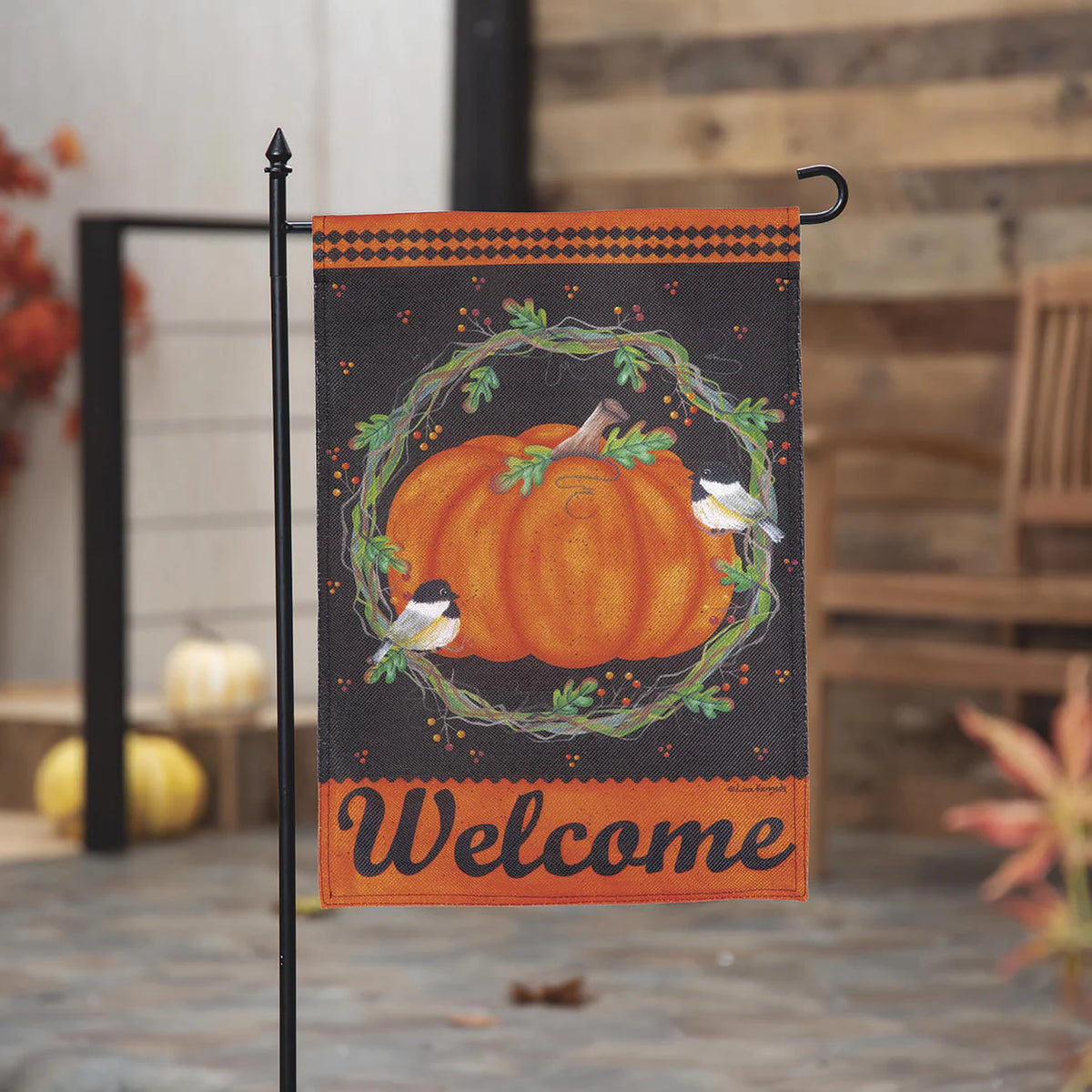 Chickadee &amp; Pumpkin Burlap Garden Flag