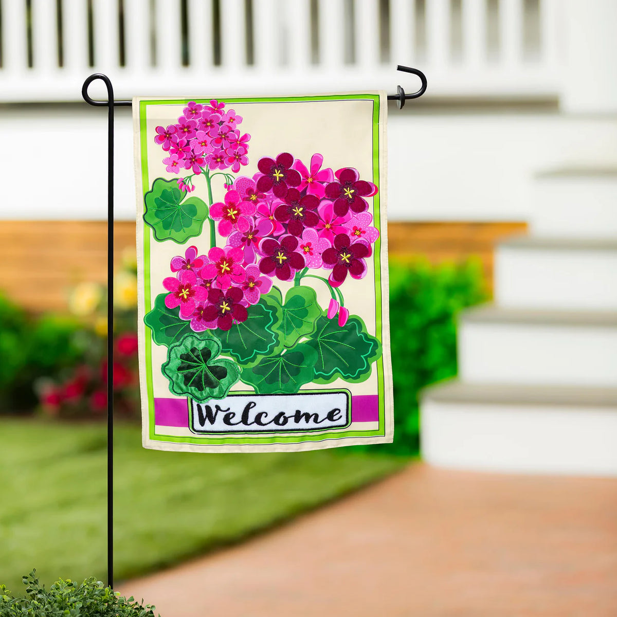 Pink Geranium Applique Garden Flag