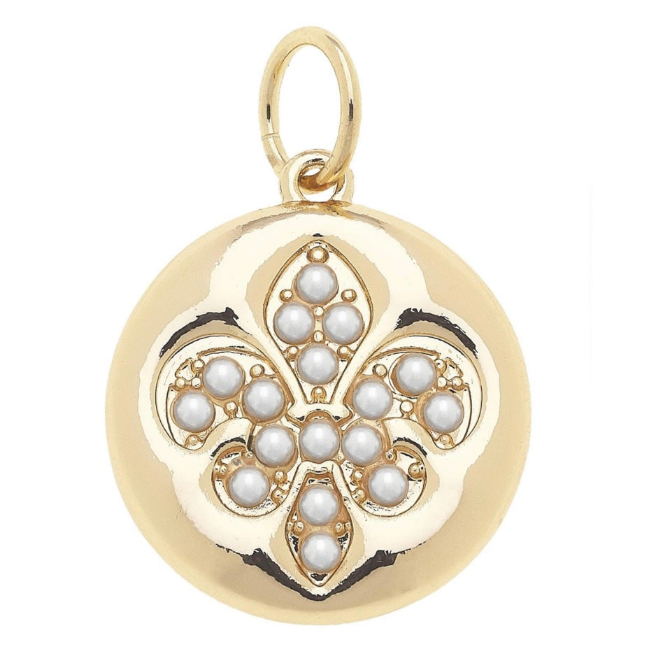 Pearl Studded Fleur De Lis Charm in Shiny Gold