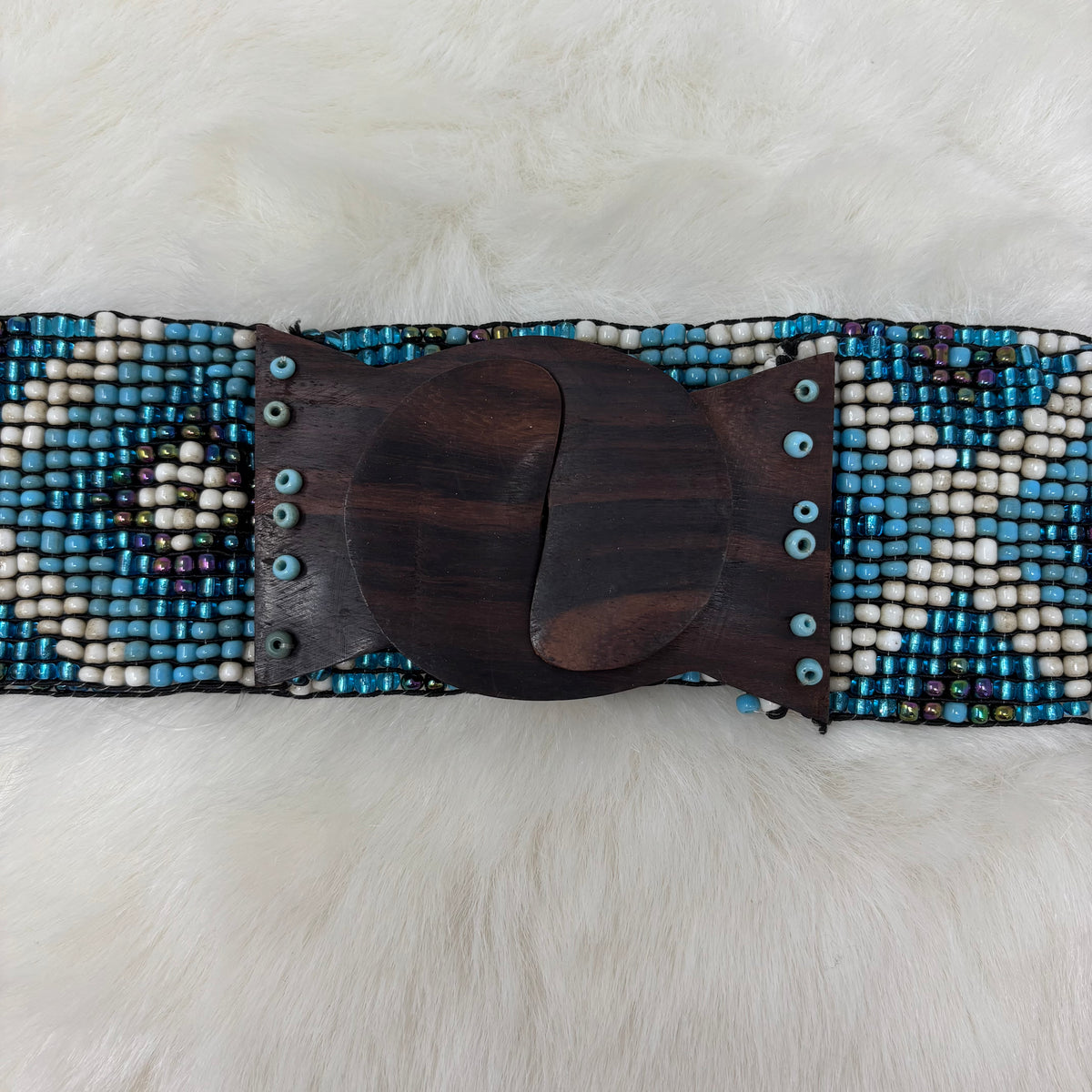 Wood Clasp Blue Bead Diamond Stretch Belt