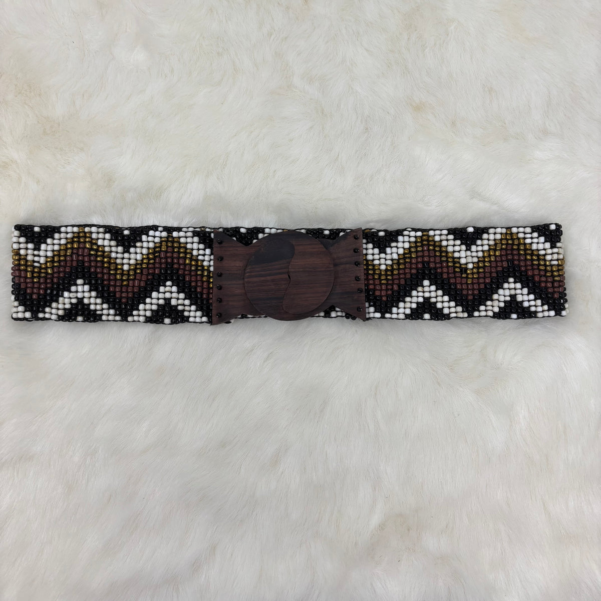 Wood Clasp Black Bead Chevron Stretch Belt