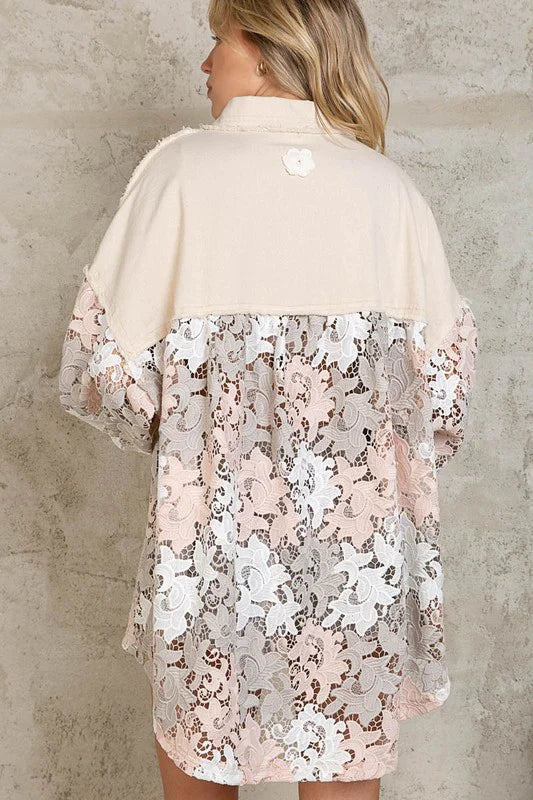 Oatmilk Rugged Pastel Lace Bttn/Dwn Top Shacket