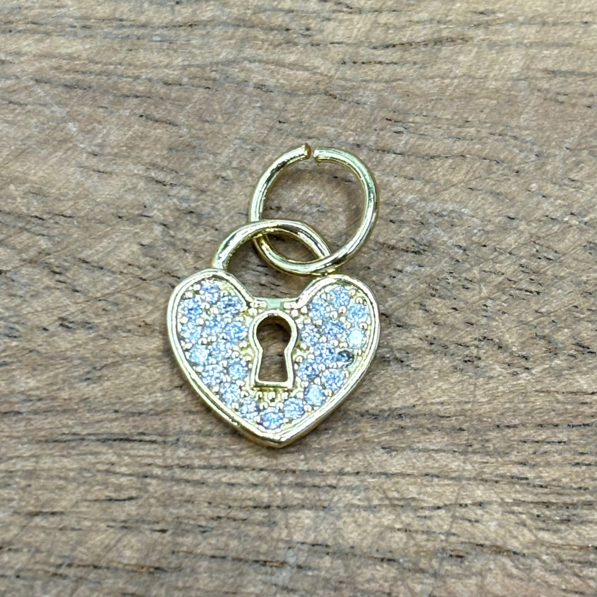 Gold CZ Heart Lock Charm