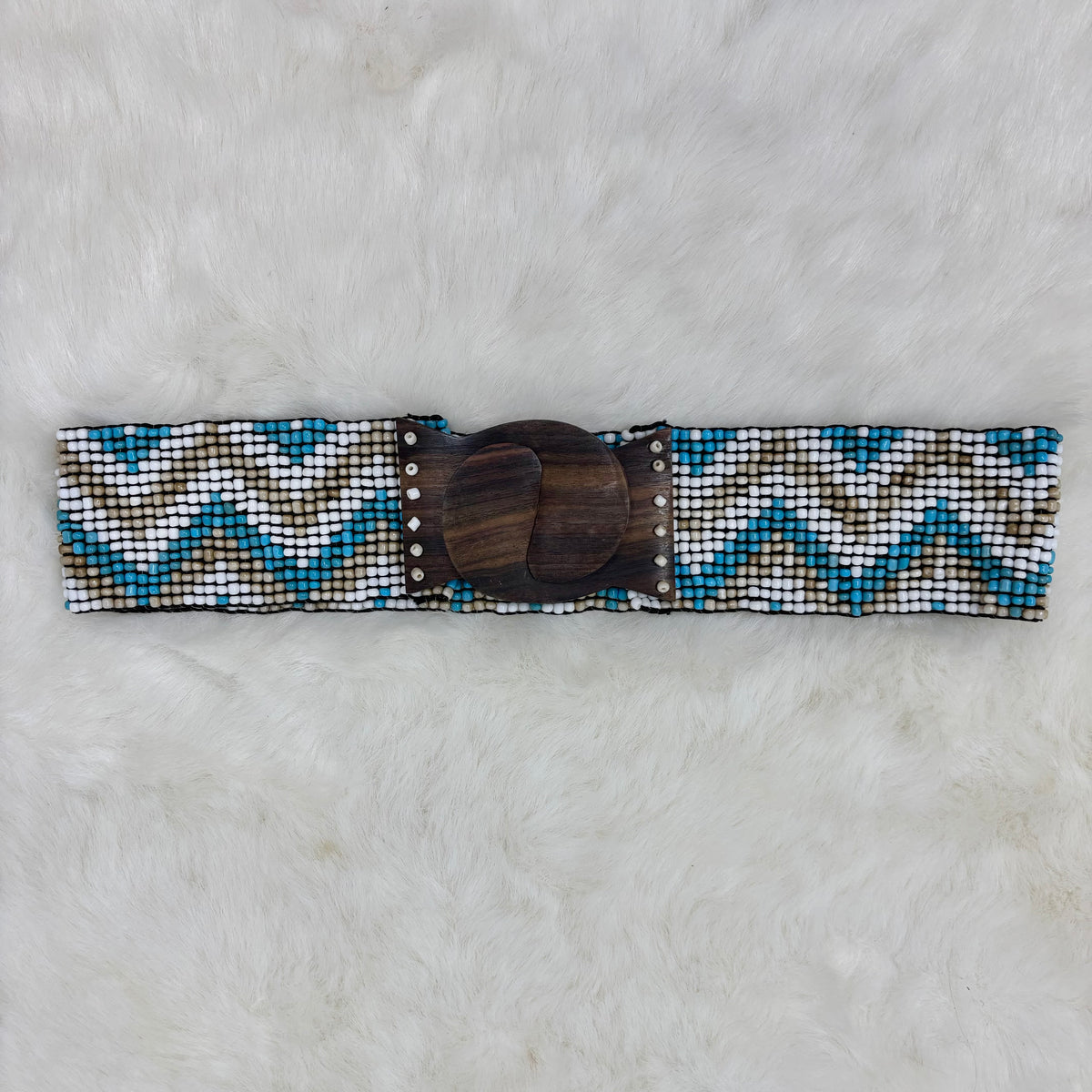 Wood Clasp Blue Bead Chevron Stretch Belt