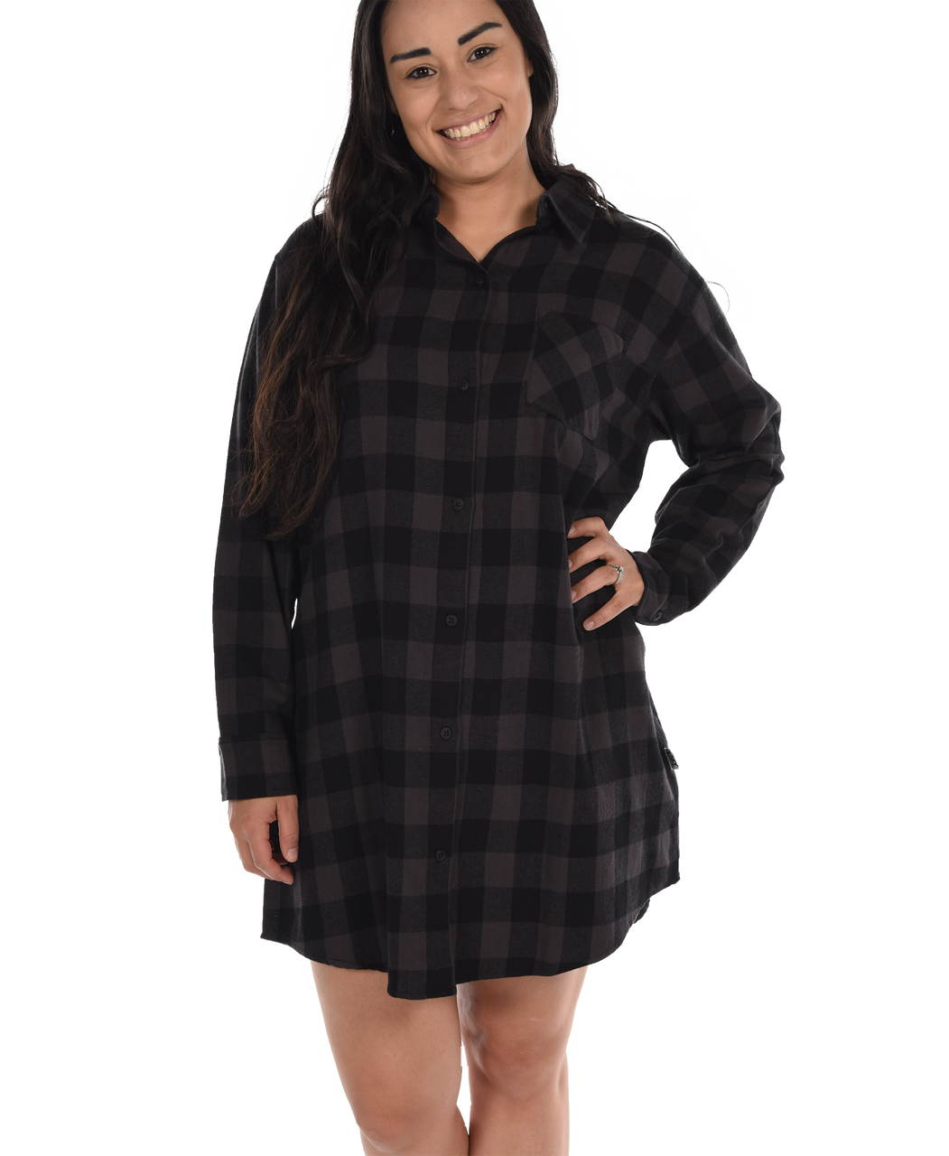 Grey Plaid Flannel Button Nightshirt