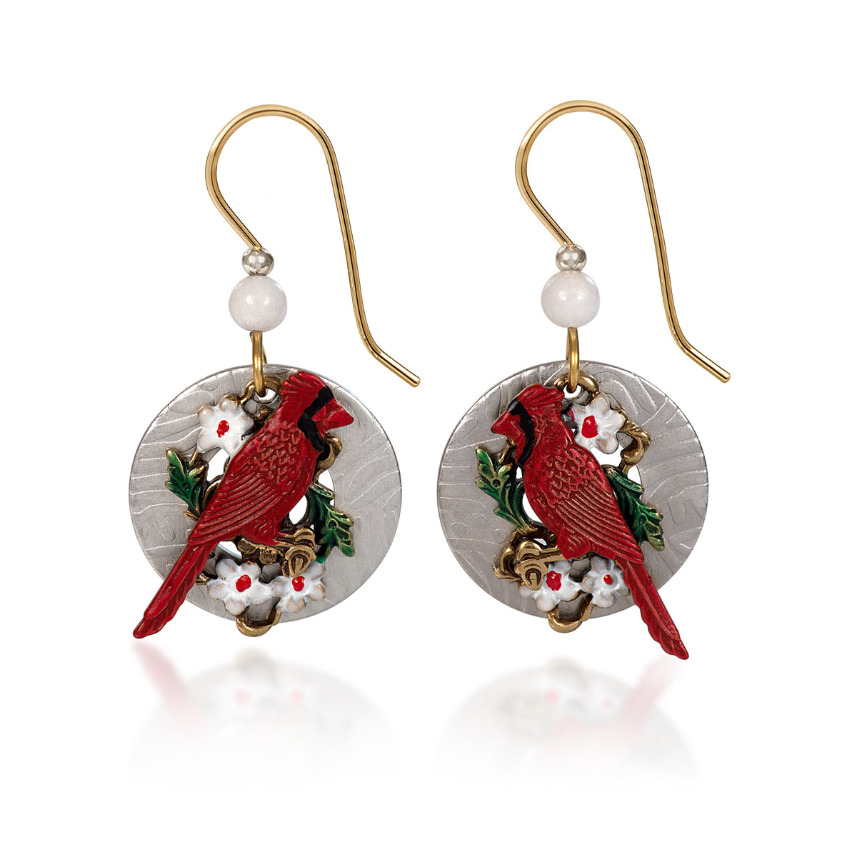 Red Cardinal on Silver Disc Earrings