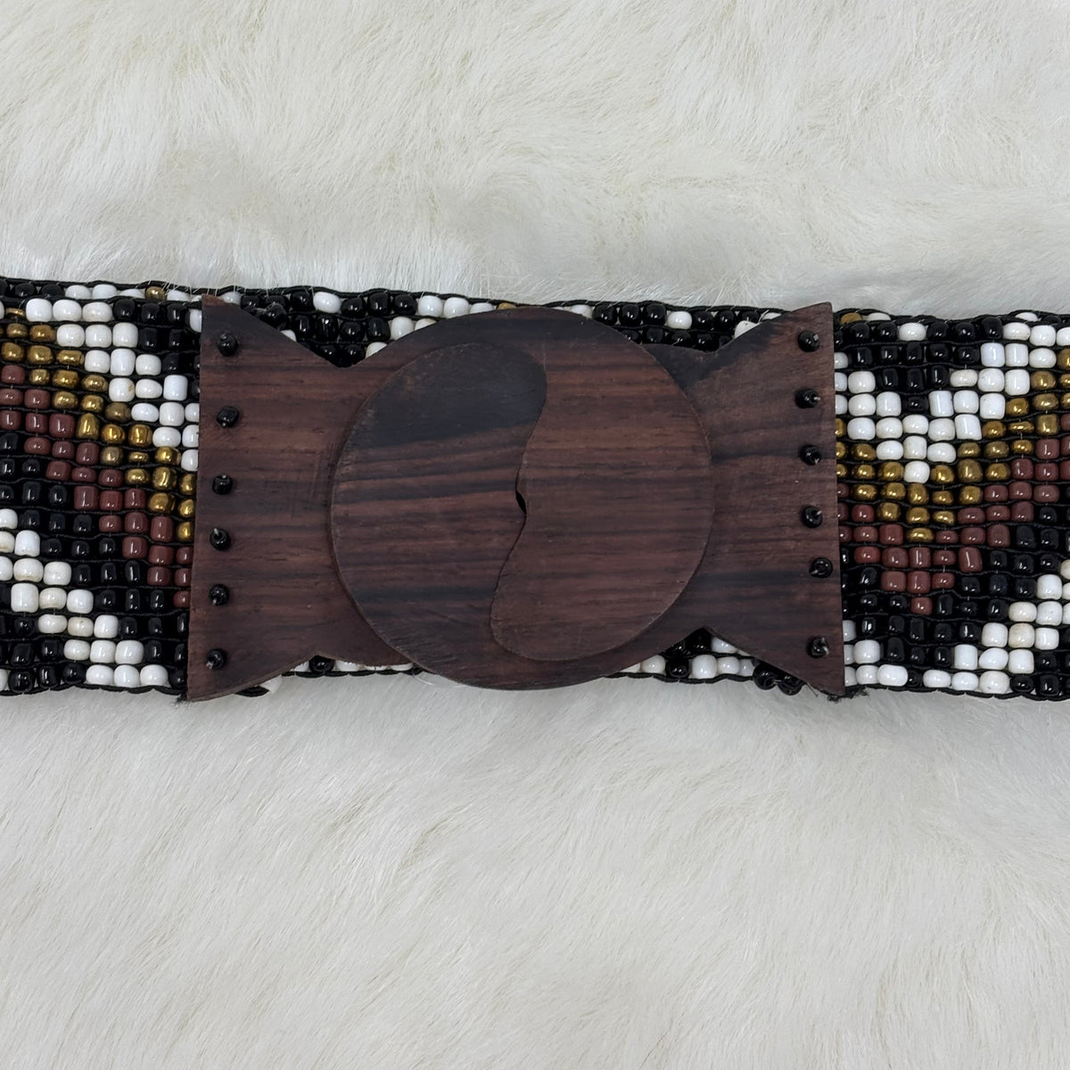 Wood Clasp Black Bead Chevron Stretch Belt