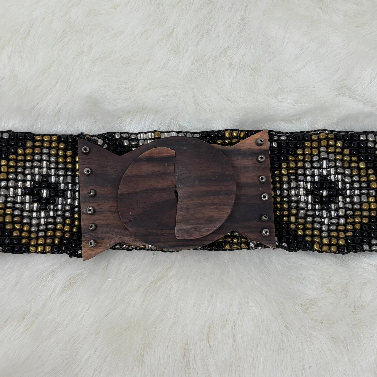 Wood Clasp Black Bead Diamond Stretch Belt