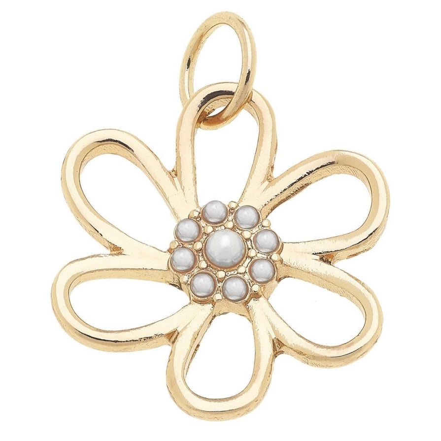 Pearl Studded Open Flower Charm in Shiny Gold