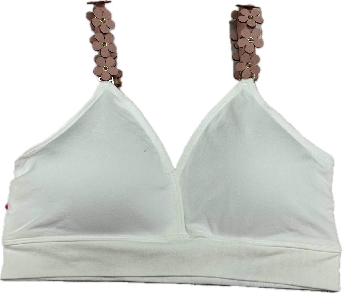 White Plunge Bra/Pink Suede Flower