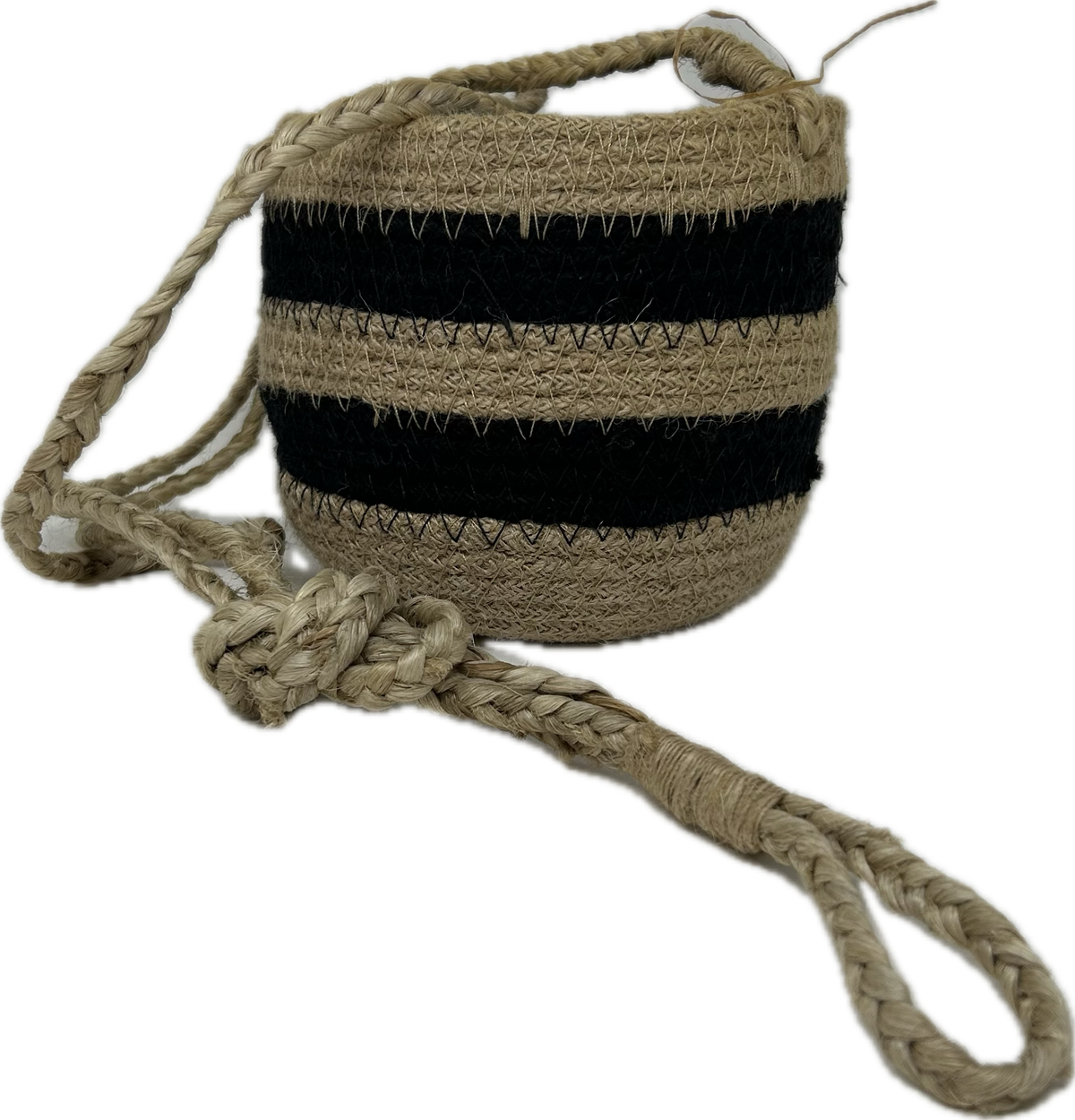 Small Woven Jute Basket Planter W/ Black Stripe