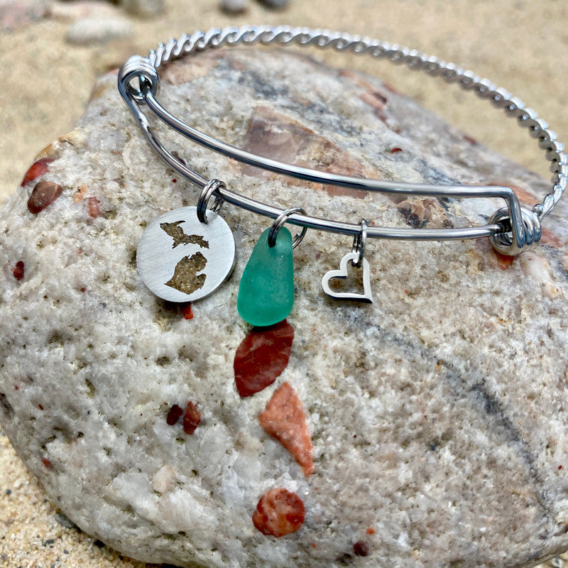 Green Beach Glass + Michigan Sand Cutout Expandable Bracelet