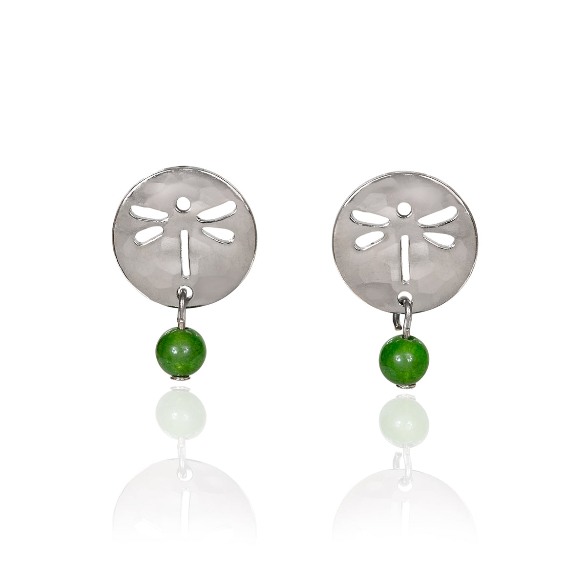 Silver Dragonfly w/ Green Bead Drop Post Earrings