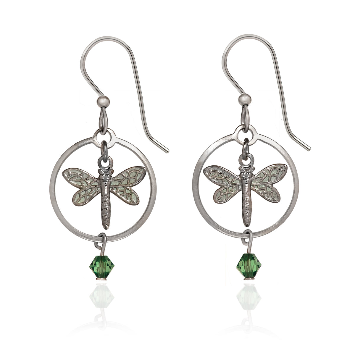 Silver Dragonfly in Circle w/ Bead Drop Earrings