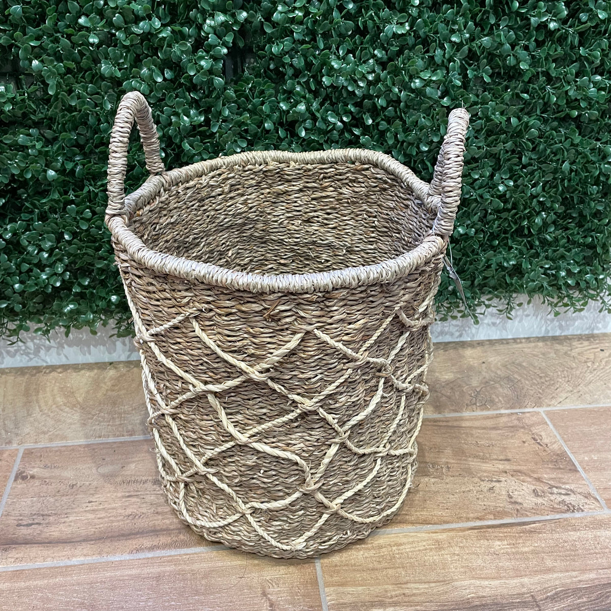 Tan Seagrass Basket w/ Criss-Cross Pattern Basket