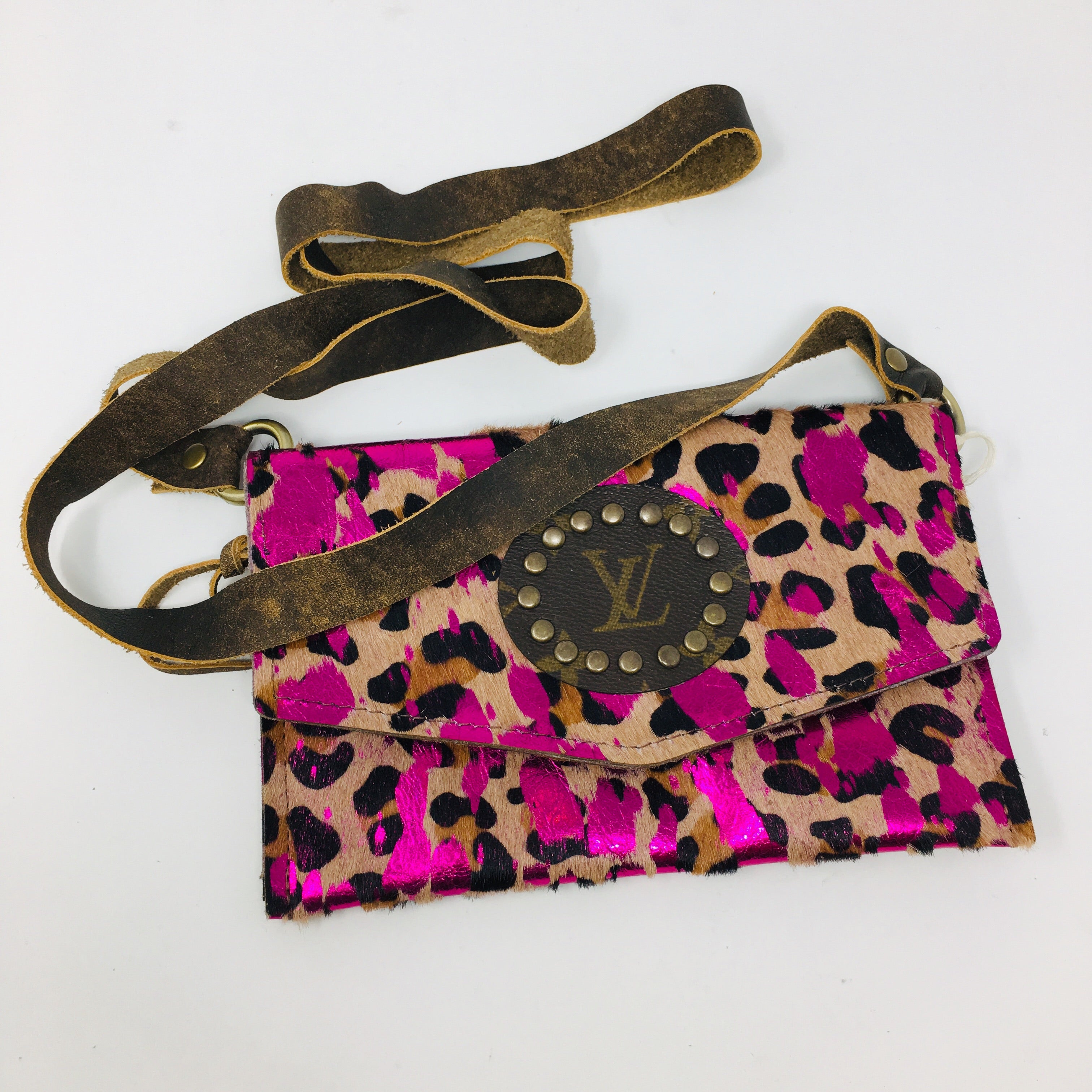Pink Leopard Leather Bum Bag with LV