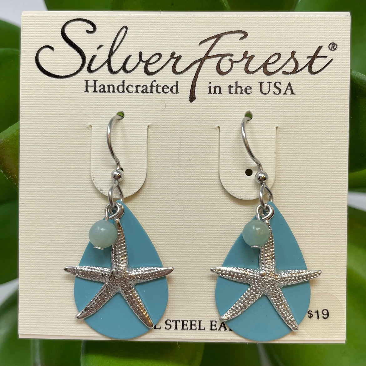Silver/Aqua Starfish on Tear w/ Bead Earrings