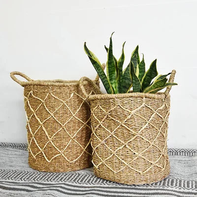 Tan Seagrass Basket w/ Criss-Cross Pattern Basket