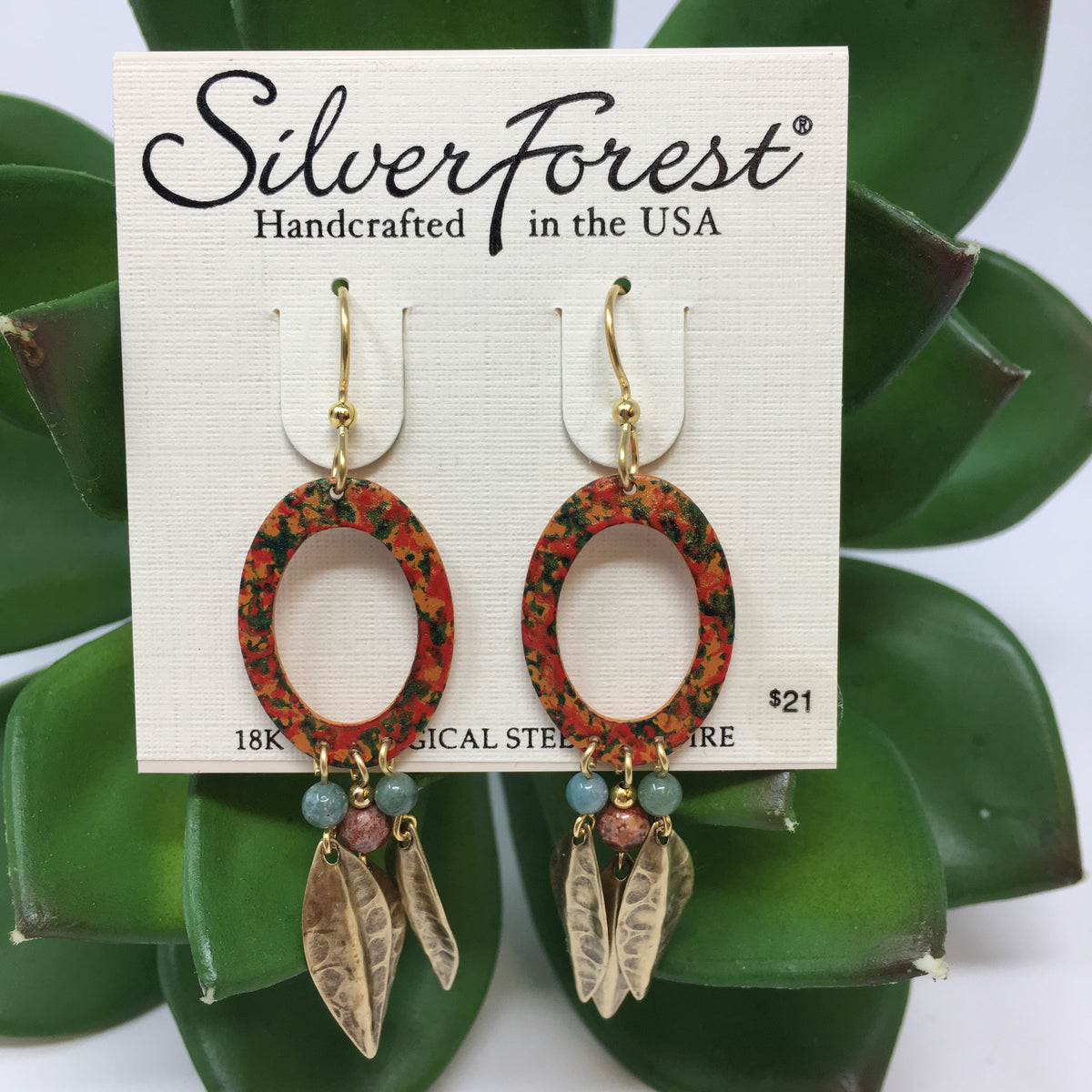 Orange Open Oval w/ Leaf Drops Earrings