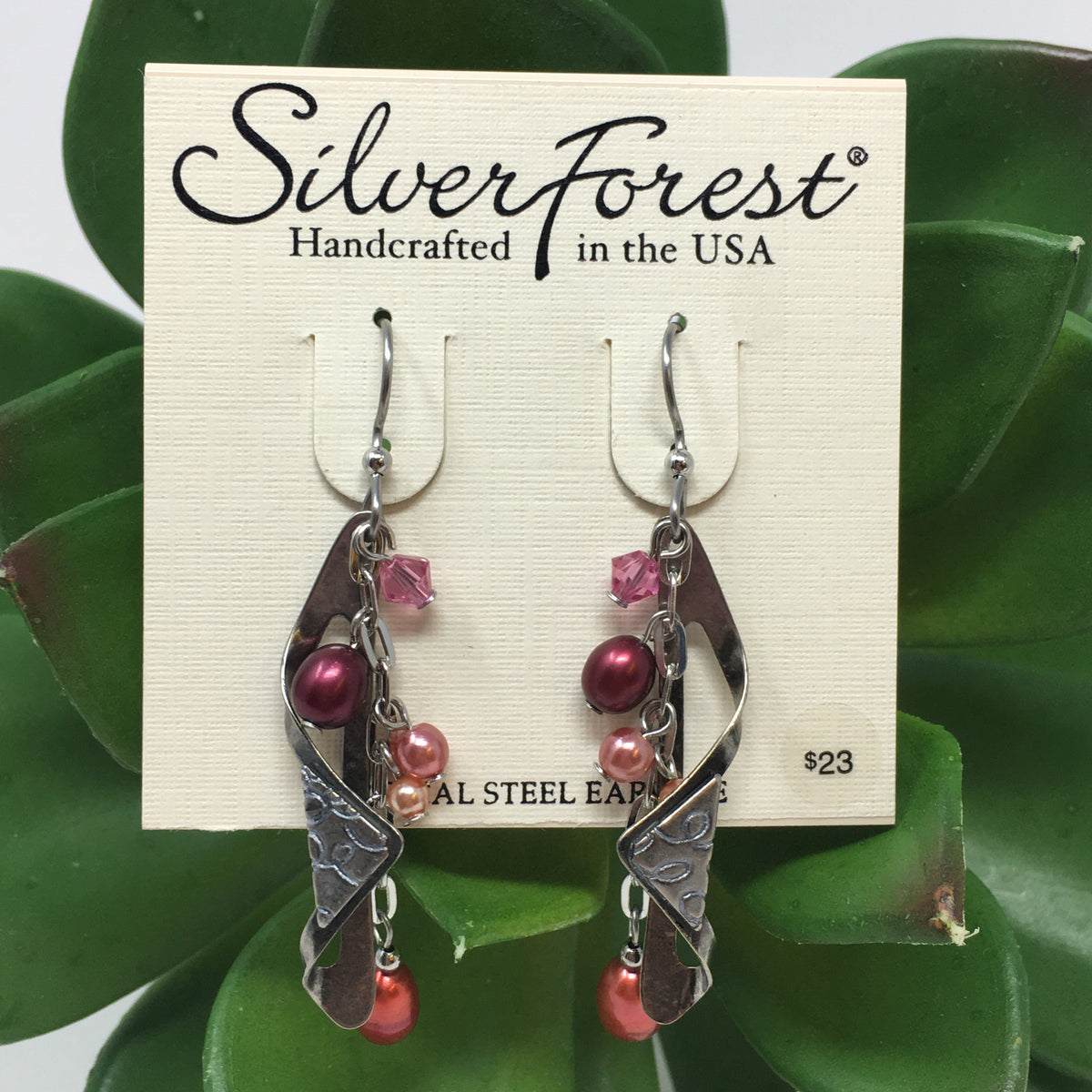 Folded Metal w/ Red Dangle Beads Earrings