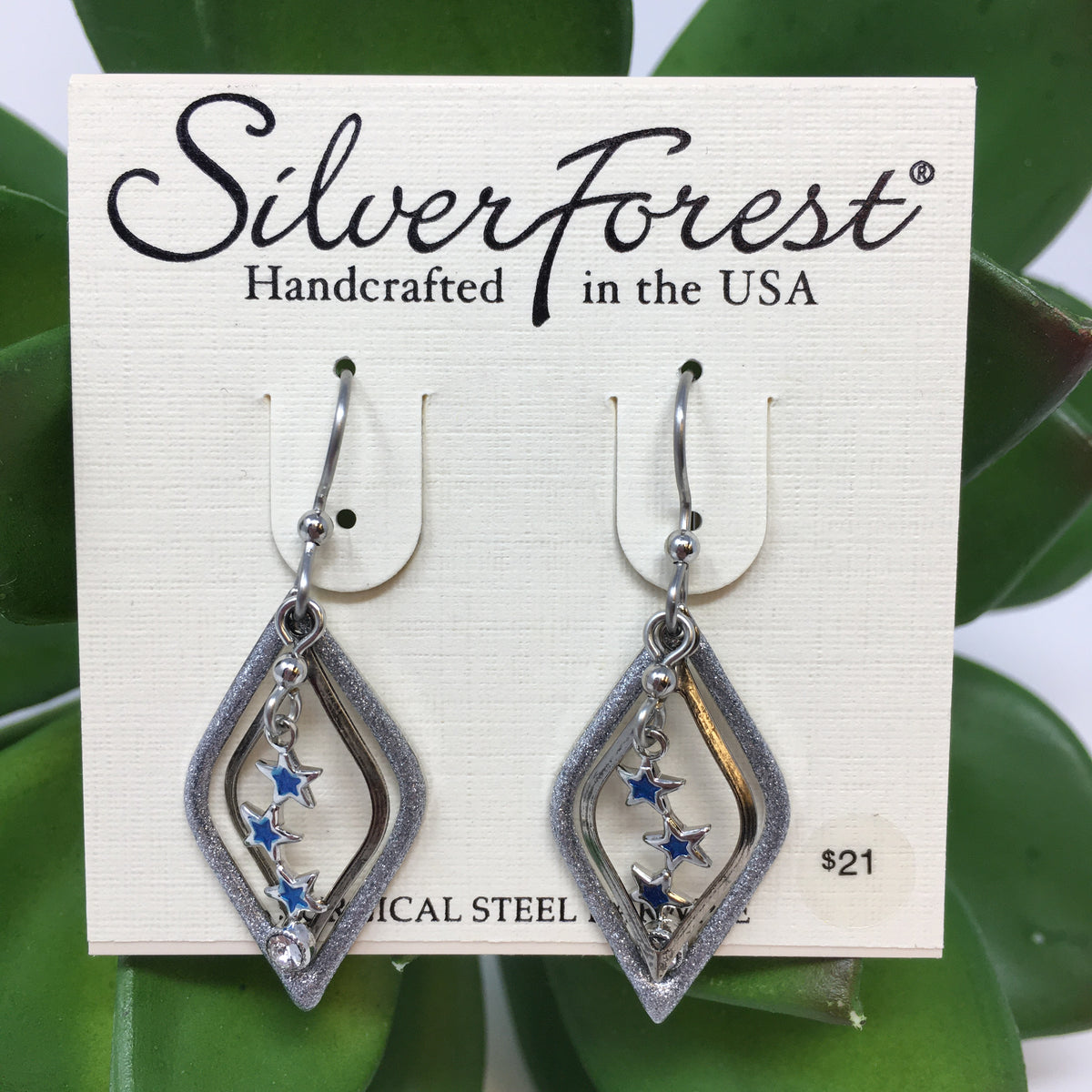 Silver/Blue Star Trio on Open Diamonds Earrings